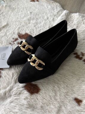 NWT Pointed Black Faux Suede Flats with Gold Chain Accent